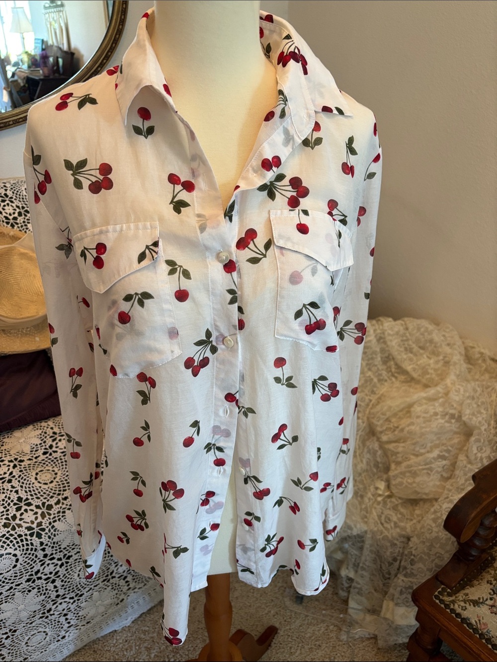 The Kooples White Cherry-Print Button Down Shirt
